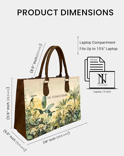 Image of Customized Canvas Tote Bag for Women with Vegan Suede - Custom Name Large Laptop Handbag (Fits 15 inch) - Eco-Friendly Tropical Print Shoulder Bag with Zipper Pockets - 16 inch inch Office & Travel bag