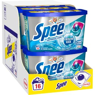 Spee Universal Power Caps Deo-Frische Kick Allin1 (8 × 16 Waschladungen), Vollwaschmittel verleiht Reinheit, Sauberkeit & Frische, Waschmittel Caps mit 48 h Fresh, geeignet von 20–95 °C