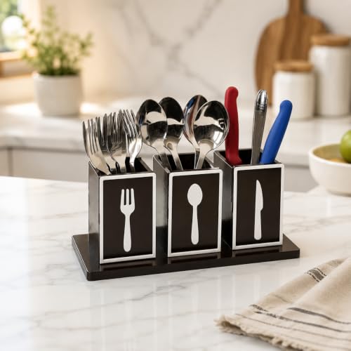 Image of GKD Wooden Spoon Holder for Kitchen Counter, 3 Section Cutlery Stand Organizer for Spoon Knife Fork, MDF Wood Utensil Holder with Base for Dining Table & Kitchen (Made in India) (Classic Cutlery)