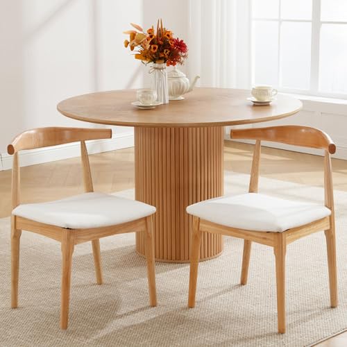 Wood Dining Chairs Set of 4, Linen Fabric Dining Chairs with Open Curved Back, Mid Century Modern Dining Room Chairs Farmhouse Kitchen Chairs for Dining Room Restaurant -Natural Wood Finish, Beige