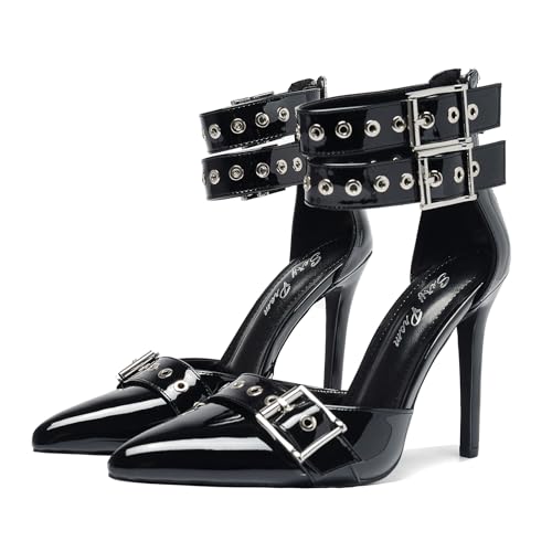 Women's Pointed Toe 4.3IN Stiletto Heel Pumps Double Ankle Straps & Big Buckles Nightclub Party Wedding Dress Shoes3