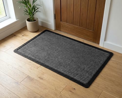Image of Yellow Weaves Large Size (60x90 cm) Door Mat for Home Entrance, Outdoor Rubber Mat - Non-Slip, Anti Skid Foot Mat, Dirt Trapper, Heavy-Duty, Waterproof Doormat (Stripe Design, Grey Color)