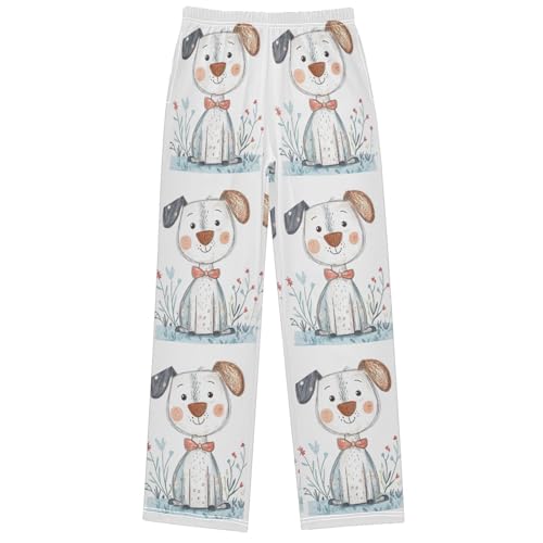 Boy's Pants Cartoon Dog White Jogger Pants Elastic Waist Long Bottoms Trousers with Pockets 6-14 Years