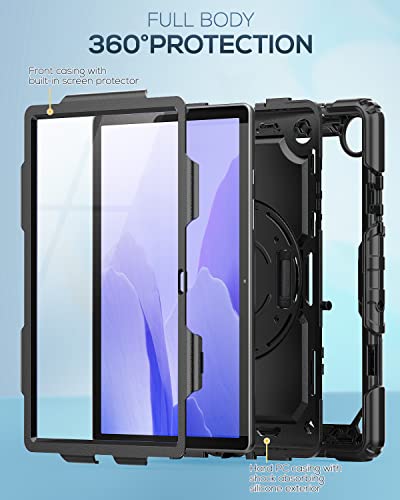 Case For Samsung Galaxy Tab A7 10.4 Inch 2020 Sm-T500/ Sm-T505/ Sm-T507, Seymac Heavy Duty Protection Shockproof Tablet Case With Screen Protector, Rotation Stand Shoulder/Hand Strap Pen Holder Black #TOP2
