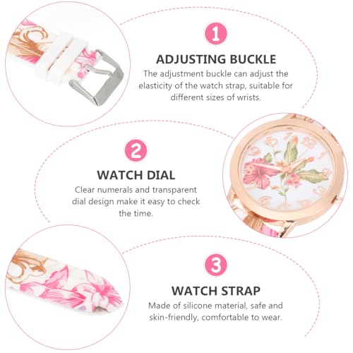 SAFIGLE Montre à quartz imprimée colorée résistante à l'usure - Montre à quartz confortable pour femme - Montre portable pour femme - Bracelet en silicone - Accessoires en acier inoxydable, Rose – vue 4