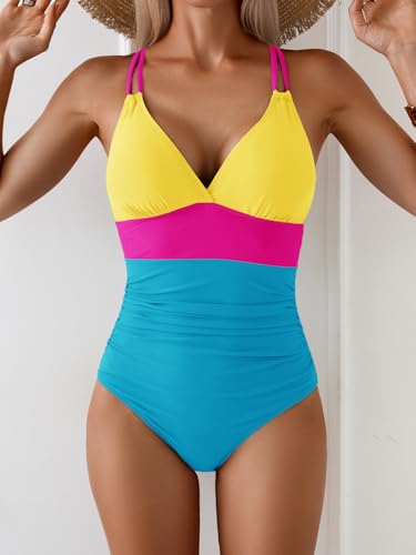 Image of Aidonger Women's One Piece Color Block Swimsuit Tummy Control Slimming Bathing Suit V Neck Cutout High Waisted Swimwear