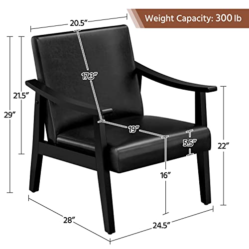 Yaheetech Pu Leather Accent Chair, Mid-Century Modern Armchair With Solid Wood Legs, Reading Leisure Chair With High Back For Living Room Bedroom Waiting Room, Black #TOP2