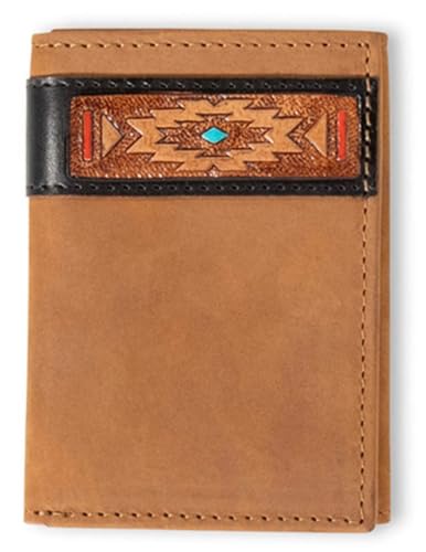 ARIAT Trifold Southwest Red/Turquoise Accent Wallet, Aged Black