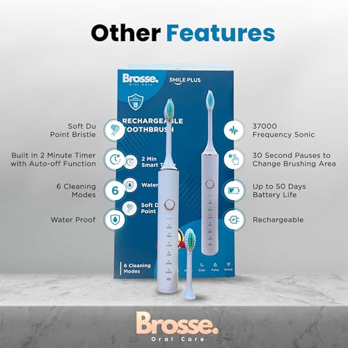 Image of Brosse. SmilePlus Sonic Electric Toothbrush for Adults,Rechargable Toothbrush with 50 days battery, 37000 VPM Deep Clean with 6 Modes. 2 Min. Timer (Black)