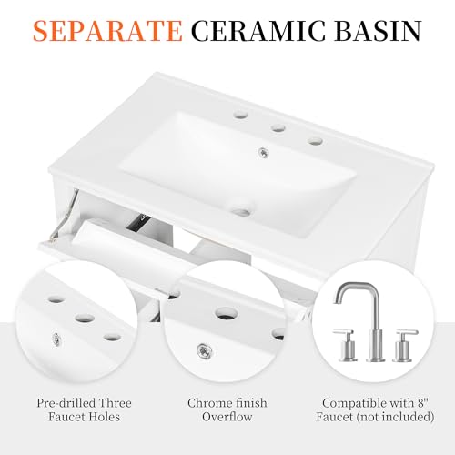 Image of 36 inch Bathroom Vanities with Top Set, Cabinet with Multi-Functional Tip-Out Drawer and Adjustable Shelf, Soft-Closing Door, Solid Wood Legs, White