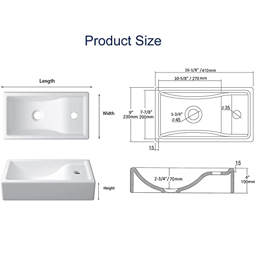 Lifezcime 16-Inch Corner Wall Hung Bathroom Sink Rectangle Ceramic Wash Basin Small Bathroom Vessel Sink White (Right Hand) #TOP7