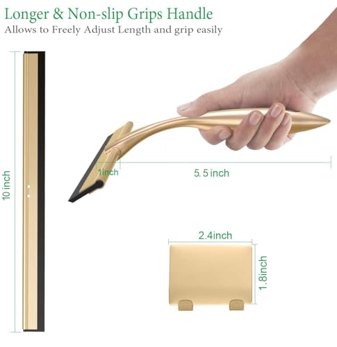 Image of OPERNEE Shower Squeegee with Self Adhesive Hook, 10 Inches Stainless Steel Squeegee Cleaner, All-Purpose Window Scraper for Bathroom Doors, Mirror, Windows and Car Glass, Brushed Gold