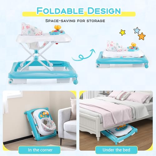 Image of BABY JOY Baby Walker, 4 in 1 Foldable Activity Walker with Adjustable Height, Music, Lights, Anti-Rollover Toddler Push Walker, Baby Walker with Wheels for Boys Girls 7-14 Months (Light Blue)