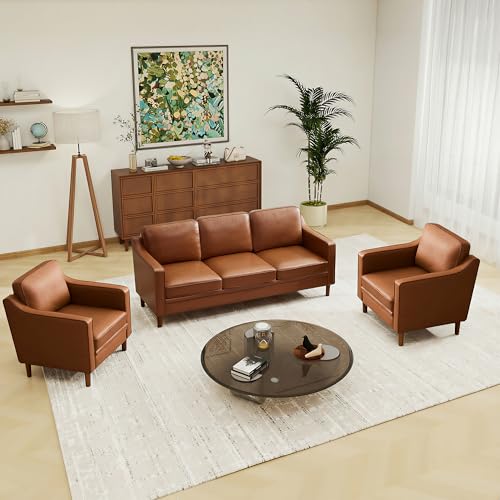 Image of Kingfun Couch Sets for Living Room, 3 Seater Couch and Armchair Set of 2, Mid Century Modern Sofa Chair Faux Leather Couch with Solid Wood Frame for Bedroom