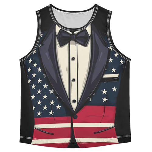 Boys Tank Top Shirts Retro American Flag Tuxedo Sleeveless T-Shirts Crew Neck for Kids Clothing Children