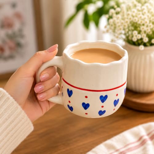 Image of Niyara Stoneware Handmade Premium Ceramic Tea Cups and Coffee Mugs Set of 2 (Blue Heart Printed)