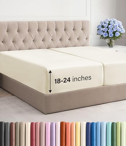 Image of Extra Deep Split King Fitted Sheet - Single Fitted Sheet Only - Off White | Easily Fits 18 inch to 24 inch Mattress, Soft, Wrinkle Free, Breathable & Comfy, Extra Deep Pockets Hotel Luxury Fitted Sheet