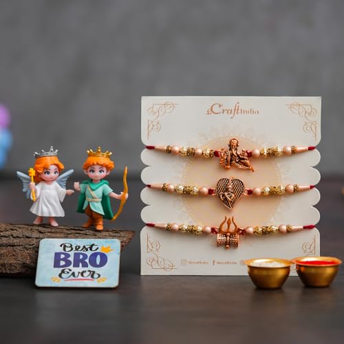 Image of eCraftIndia Set of 3 Designer Rakhis for Brother with Cute Angel & Prince Showpieces, Best Bro Ever Fridge Magnet & Roli Chawal Pack | Ganesha, Radha Krishna & Trishul Rakhi | Raksha Bandhan Gift
