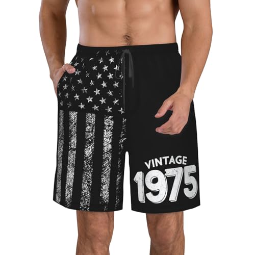 Funny 1975 Vintage 50th Birthday Gifts Men's Swim Trunks Beach Board Shorts Quick Dry Swimwear Sports with Pockets -