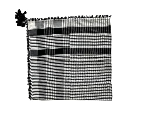 Image of Traditional Keffiyeh Arafat arabic Scarf, Black and White Checkered Pattern, Shemagh with Tassels