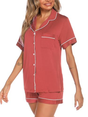 Image of Aamikast Button Up Pajama Set for Women Shorts Short Sleeve Knit Sleepwear 2 Pice Pjs Sets