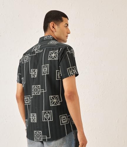 Image of Majestic Man Men's Slim Fit Pure Cotton Printed Casual Shirt - Short Sleeve | Premium Breathable Fabric | Modern Geometric Design