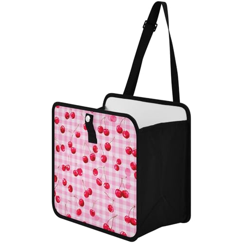 Image of Car Trash Can Organizer Bin with Adjustable Strap for Back Front Seat Console Waterproof Leakproof Collapsible Portable 11 Inch Pink Juicy Checkered Cherry