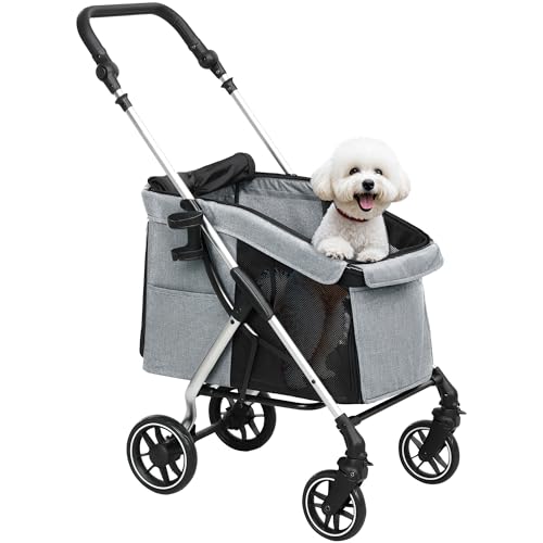 PawHut Carrito para Perros Plegable, Cochecito para Perros Pequeños y Seniors, Hasta 10 kg, Ruedas con Frenos 360º, Marco de Aluminio, Correa de Seguridad, Cojín Lavable y Ventanas, Gris