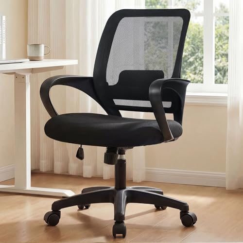 NEO Chair Office Desk Ergonomic Mesh Computer Chair with Lumbar Support Adjustable Height Swivel Rolling Wheels Comfy Mid Back Task Chair for Home Bedroom Vanity Study (Black)