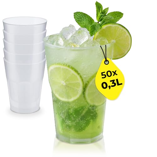 Silverkitchen 50x Cocktail Plastikbecher 0,3 L – Stapelbare Mehrweg Partybecher - Spülmaschinenfeste Hartplastik Becher für Events, Partys & Gastro