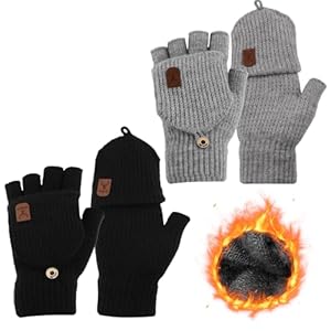 2Pairs Winter Fingerless Gloves, Thermal Fingerless Winter Gloves with Mitten Cover Soft Touchscreen Gloves Knitted Warm Half Finger Gloves Windproof Typing Gloves for Women Men Cycling Skiing Hiking
