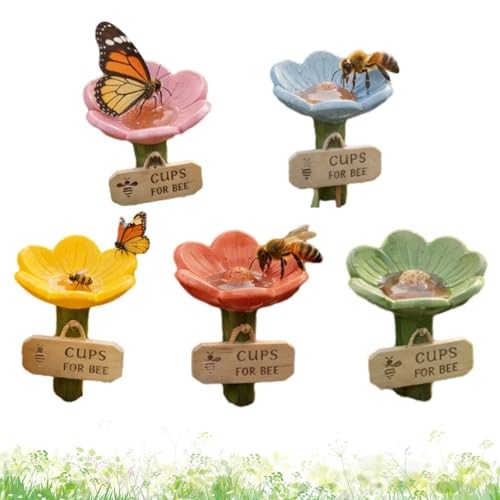 Bee Cups Water for Bees Garden, Flower-Shaped Ceramic Bee Watering Station, BeeWatering Stations for Garden with Flower Design, Outdoor Pollinator (Mix 5 PCS)