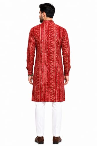 Image of Men's Bandhani Print Kurta with Mandarin Collar