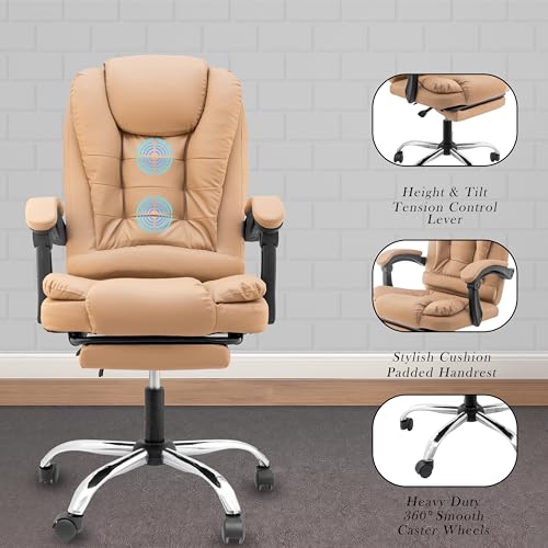 Image of Italia Leatherette Office Chair for Work | Boss Chair, Luxurious Cushioned Arms & Seat, 2 Point Back Massager, Adjustable Leg Rest, Heavy Duty Metal Base (Beige)