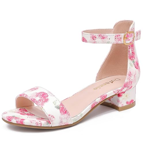 Image of Dufannie Girls Sandals Low Heels Dress Pump Ankle Strap Open Toe Flower Girl Wedding Party for Toddler Little Big Kid