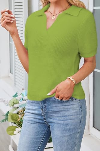 Image of Cakulo Womens Fuzzy Cropped Short Sleeve V Neck Fall Sweaters Polo Collared Knit Pullover Sweater Bright Green L