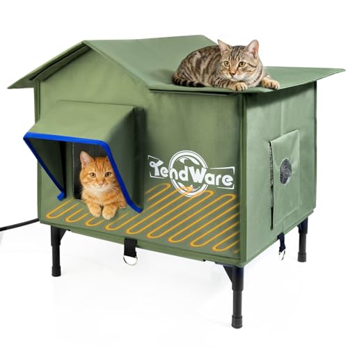 TENDWARE Outdoor Cat House Heated Cat House for Outside with Elevated Base Cat-Attracting Eave Design Feral Stray Shelter Weatherproof in Winter Garage Yard Porch