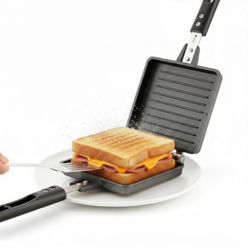 Image of Double Sided Sandwich Grill Pan | Non-Stick Toast Maker Aluminium Stovetop Toaster Gas Stove Flip for Bread Snacks Heat Resistant Handle Black (Jumbo Grill Toaster)