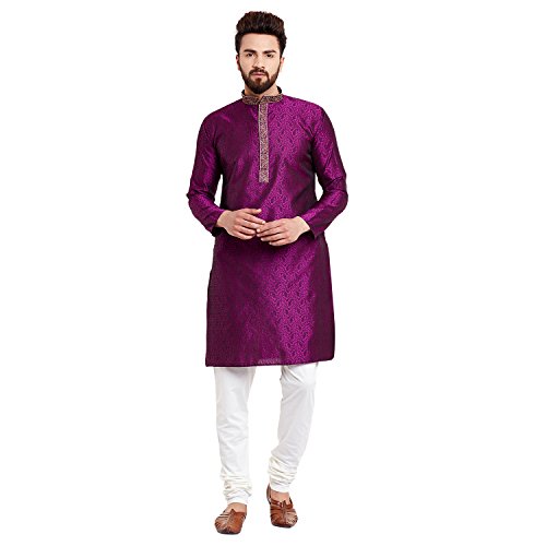 Image of Sojanya (Since 1958 Men's Red Jacquard Silk Kurta & Churidaar Pyjama