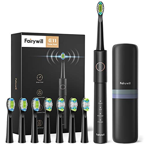 Fairywill Electric Toothbrush, Sonic Electric Toothbrush for Adults with 3 Modes 2 Hours Fast Charge and Smart Timer, Whitening Sonic Toothbrush Includes 8 Toothbrush Heads & Travel Case FW-E11