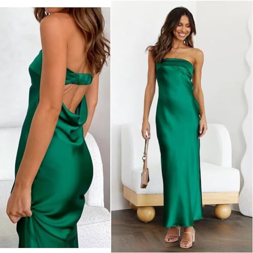 Image of Womens Strapless Satin Maxi Dress Backless Tube Dress | Strapless satin maxi dress with elastic back folded bust backless cut smooth drape and slim tube fit for events