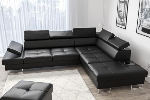 Canapé d'angle Galaxy 225 x 280 cm en cuir véritable, avec fonction couchage et coffre de lit, appuie-têtes et accoudoirs réglables, canapé d'angle droit...