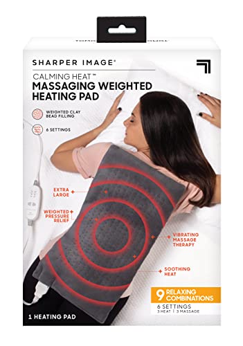 Calming Heat Massaging Weighted Heating Pad by Sharper Image- Weighted Electric Heating Pad with Massaging Vibrations, 6 Settings- 3 Heat, 3 Massage- 9 Relaxing Combinations, 12” x 24”, 4 lbs