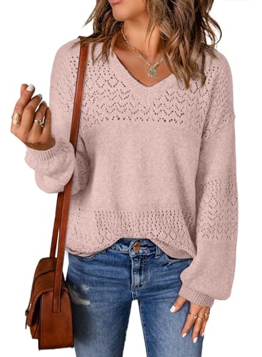 Image of SHEWIN Women's Sweaters Casual Long Sleeve V Neck Crewneck Lightweight Crochet Pullover Sweater Tops