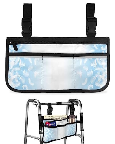 Feather Wheelchair Side Bag Walker Bag, Blue Ombre Wheelchair Accessories Armrest Pouch, Organizer Storage Bag for Walkers, Rollators, Scooters, 7.3''x13''