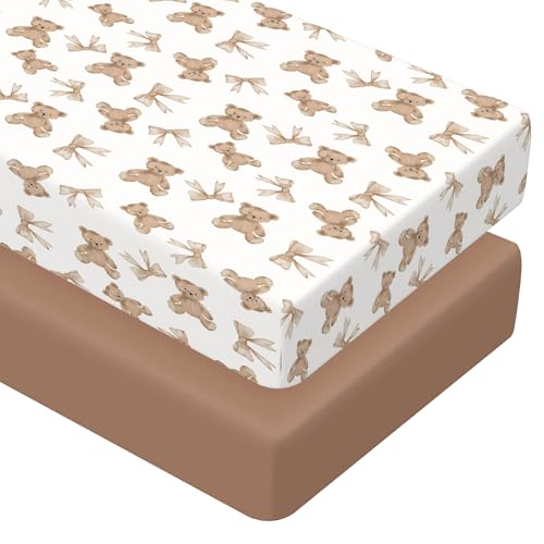 Image of Peryiter 2 Pack Crib Sheets for Girls Boys Coquette Bed Sheet Set Fitted 52'' x 28" for Standard Crib Mattress Stretchable Soft Toddler Aesthetic Nursery Decor(Bear,Brown)