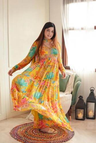 Image of KD Georgette Women's Anarkali Floral Printed Kurta Pant Set with Dupatta Kurta Kurti for Women
