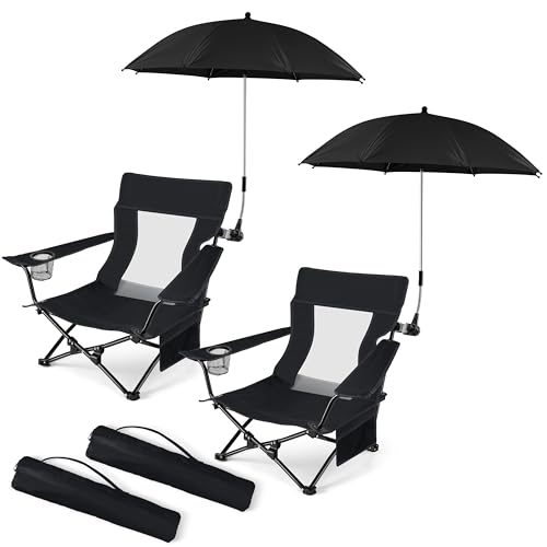 Image of HaSteeL Low Beach Chair Set of 2, Foldable Black Camping Chair with Adjustable Umbrella Set for Adults, Lightweight Portable Lawn Chairs for Fishing, Picnic, Outdoor BBQ, Travel, Sports