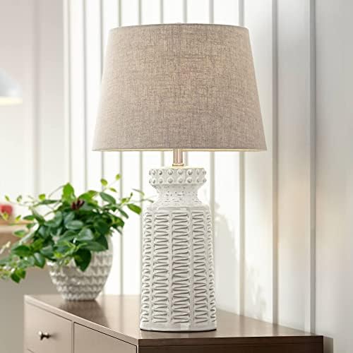 360 Lighting Helene Country Cottage Table Lamp Ceramic Rustic 26" High Cream White Glaze Tan Linen Tapered Drum Shade Decor for Living Room Bedroom House Bedside Home (Color May Vary)