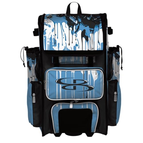 Boombah Rolling Superpack Baseball/Softball Gear Bag - Telescopic Handle - Holds 4 Bats - Wheeled Version - Graffiti Drip Black/Columbia/White